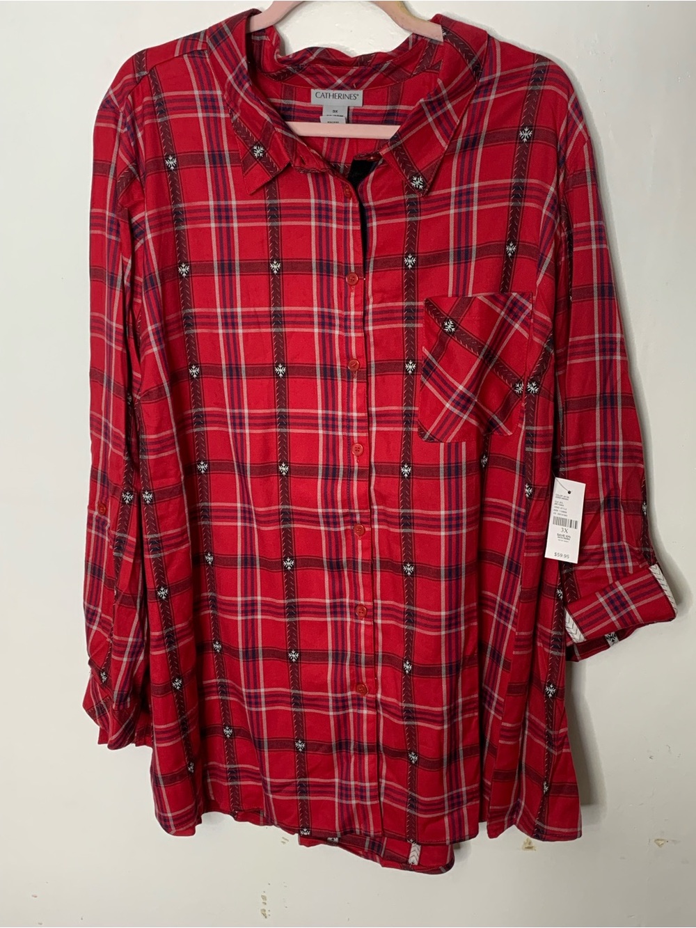 NEW Catherines Holiday Red Plaid Button-Up Roll TabTunic Top snowflake 3X